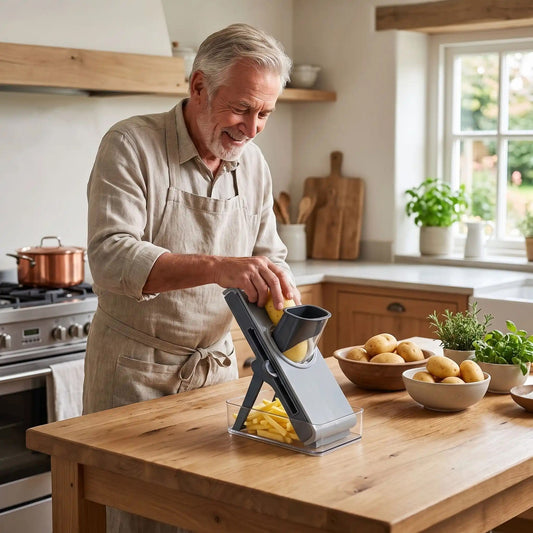 découpe de pommes de terre avec une mandoline