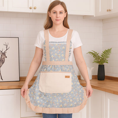tablier de cuisine fleuri bleu